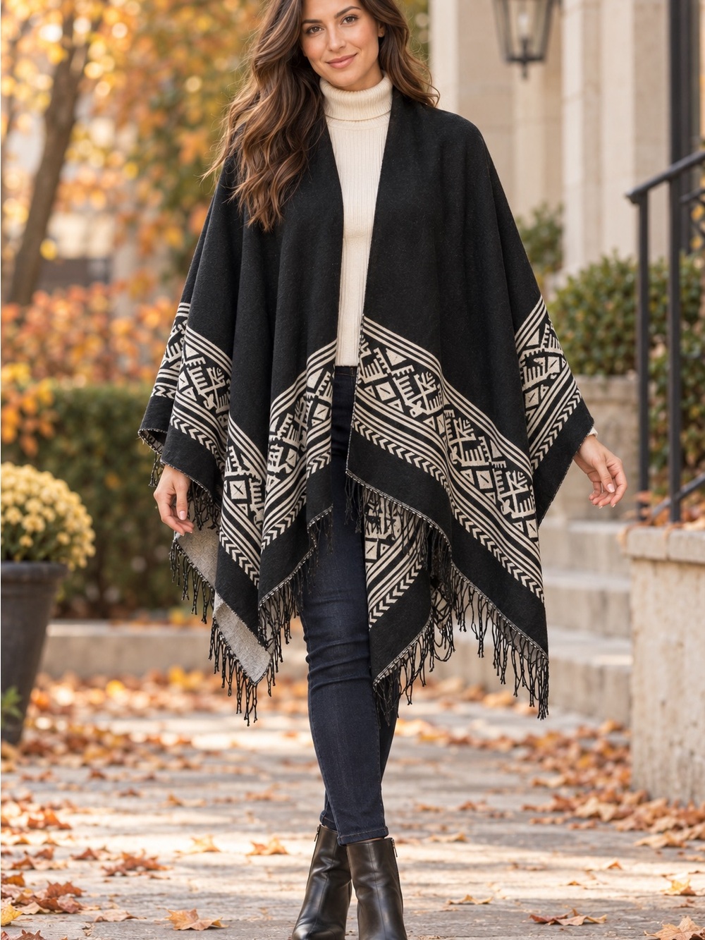 Unbranded Black Grey Aztec Geometric Fringe Poncho Wrap One Size
